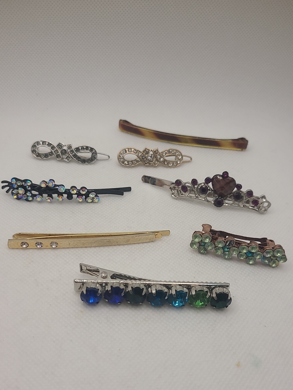 8 Hair Clips Barrettes- Some Missing Rhinestones